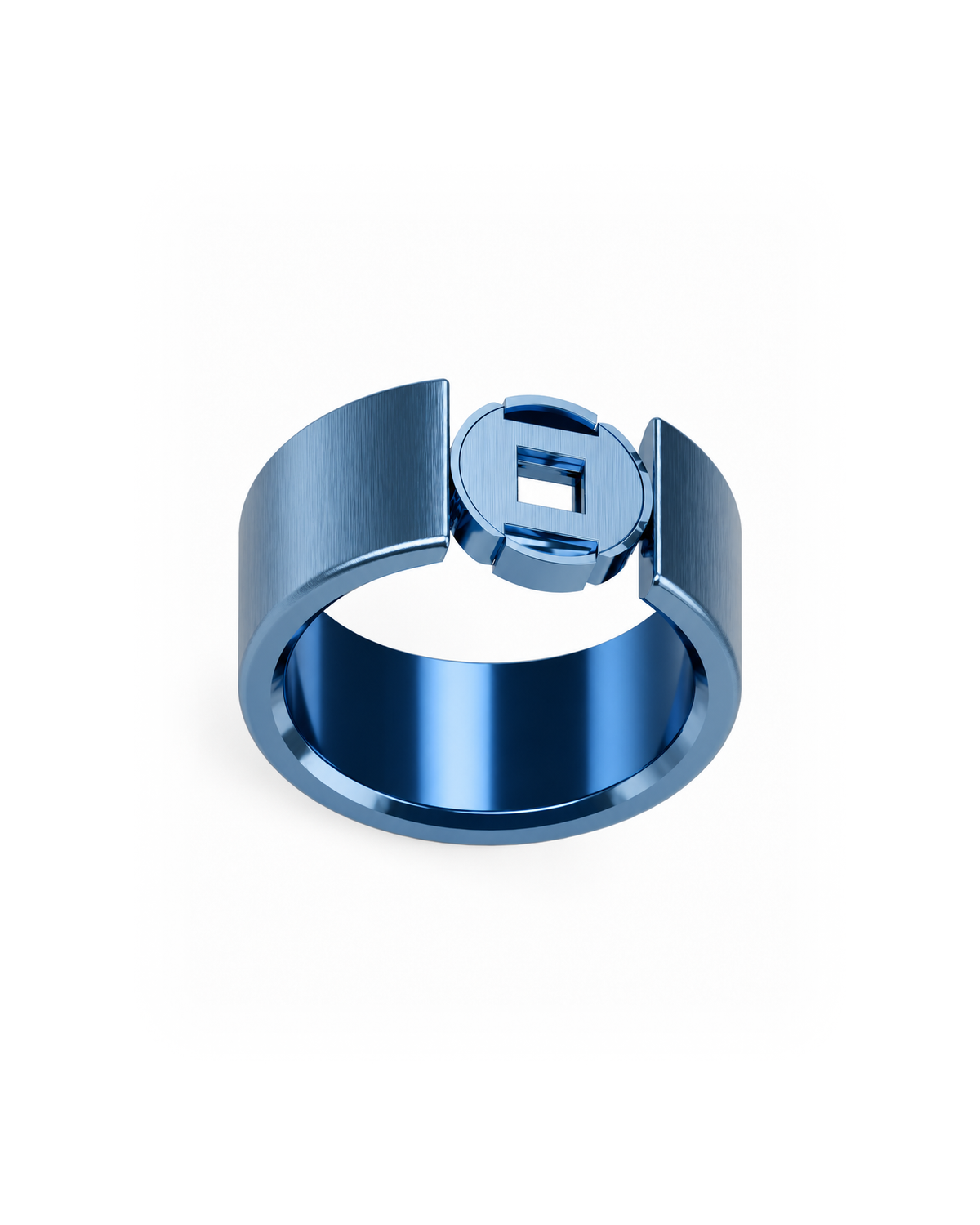 R01 Blue — straight-grain titanium ring, front-quarter view, coin clasp and rounded edges, on white.