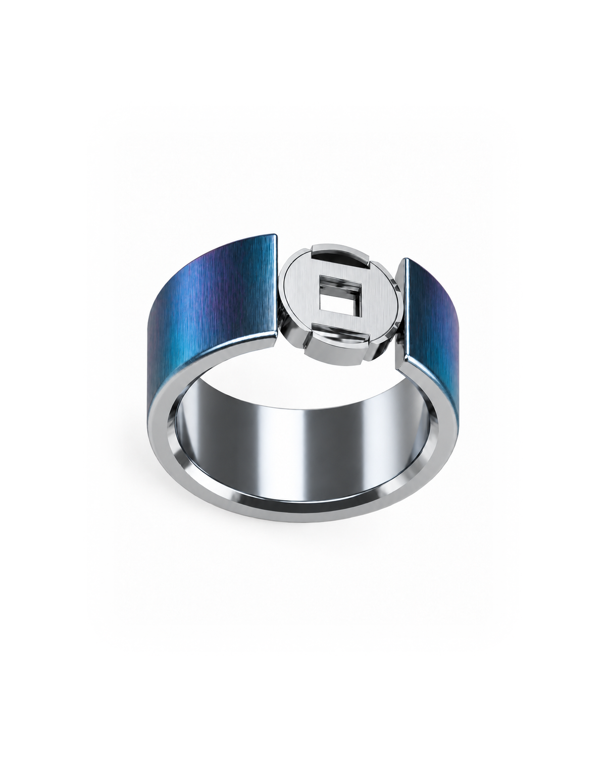 R01-Blue-Iridescent straight-grain titanium ring, fixed front-quarter view, rounded edges, on white.