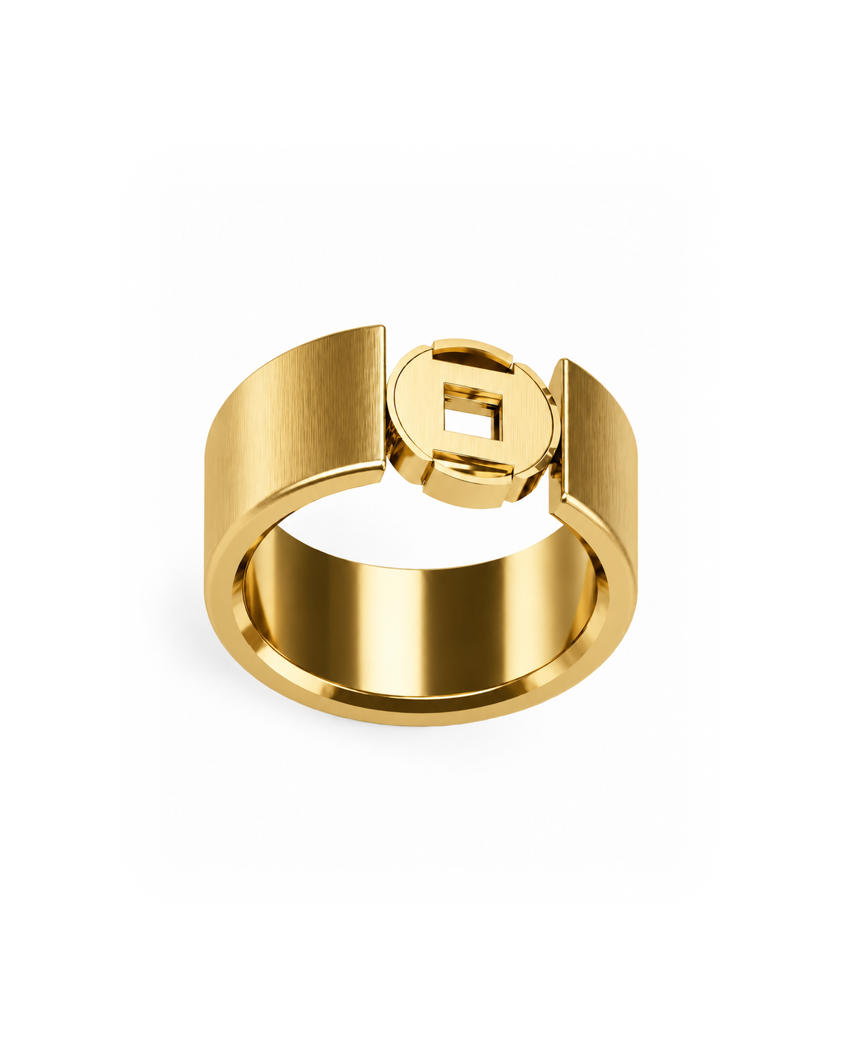 R01-Gold straight-grain titanium ring, fixed front-quarter view, rounded edges, on white.