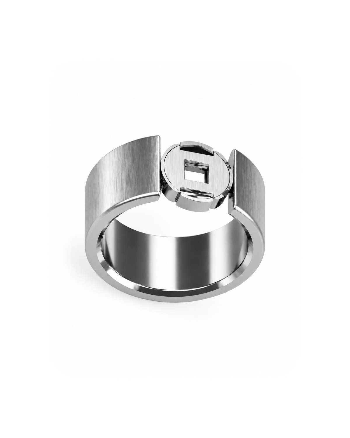 R01-Silver straight-grain titanium ring, fixed front-quarter view, rounded edges, on white.