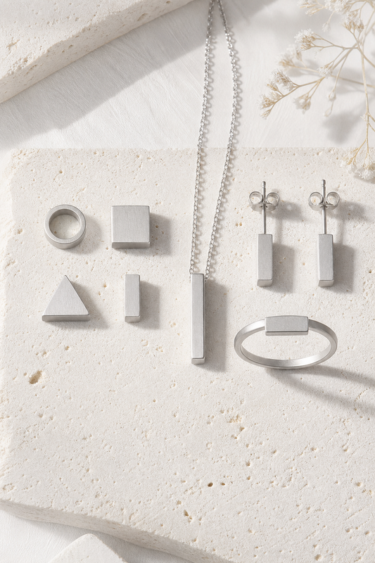 SUIJI set — bright matte titanium on pale travertine (AI placeholder)
